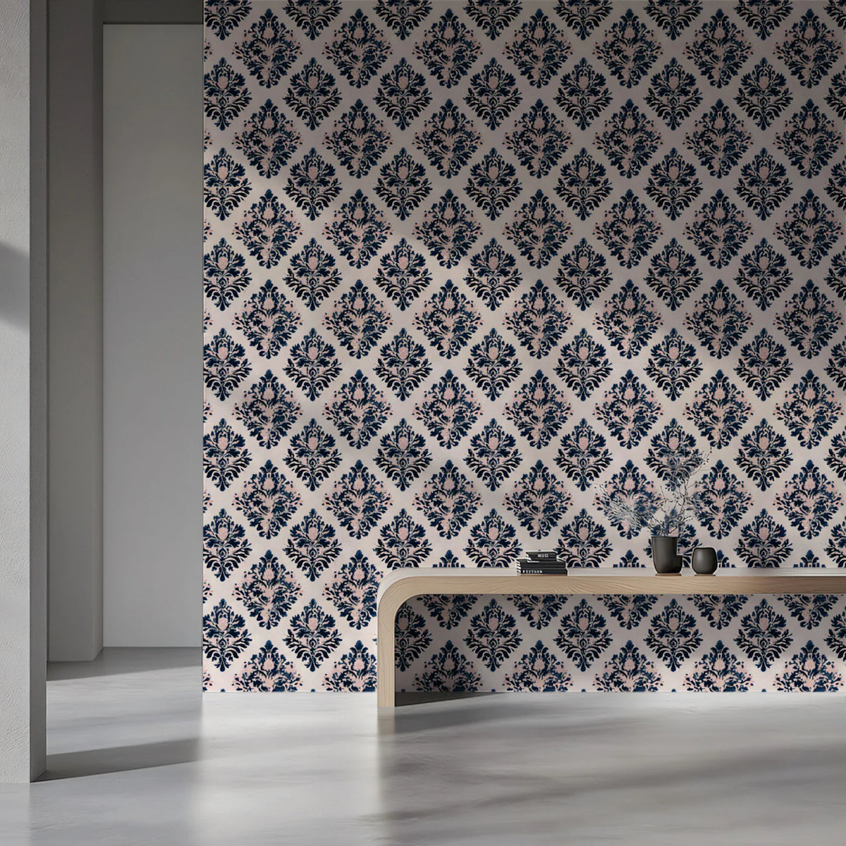 Navy and Blush Pink Damask Mural Wallpaper — Traditional Floral Mural Wallpaper - pure wallpaper artwork