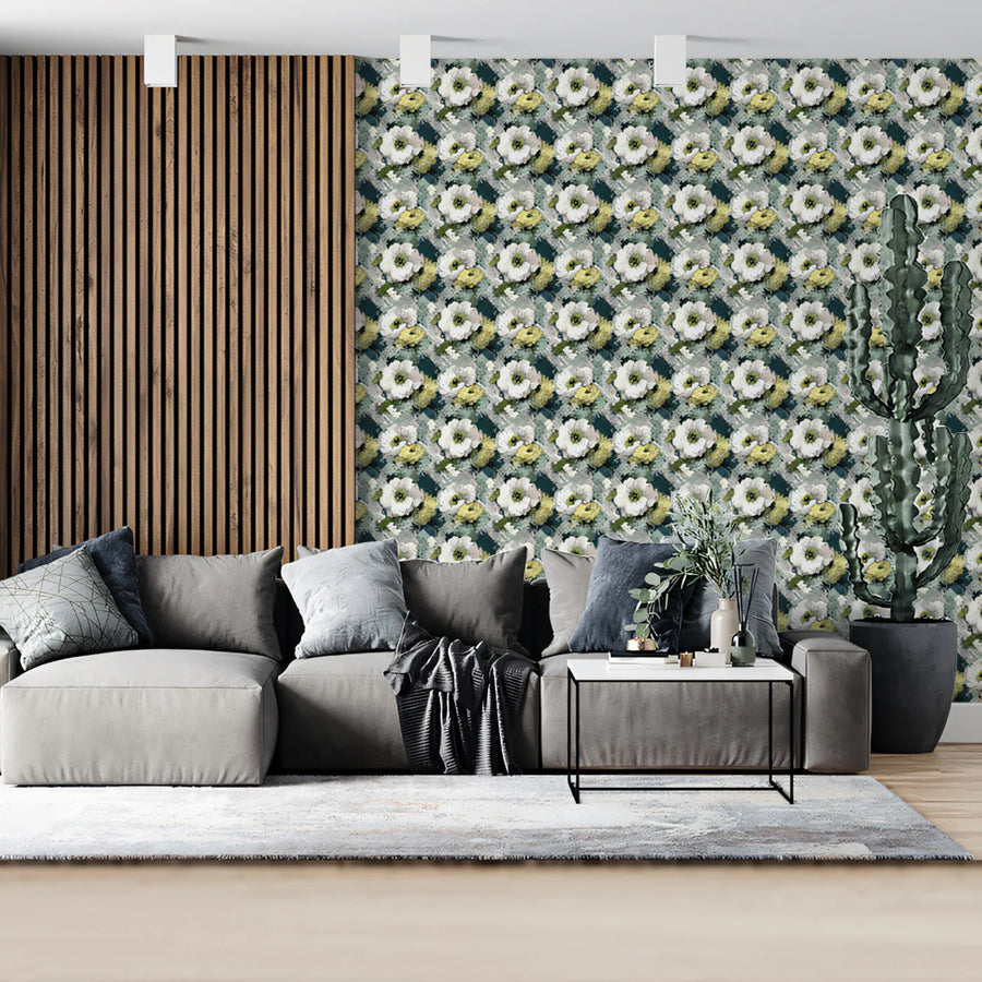 Impressionist Floral Mural Wallpaper in Sage and Ochre Mural Wallpaper