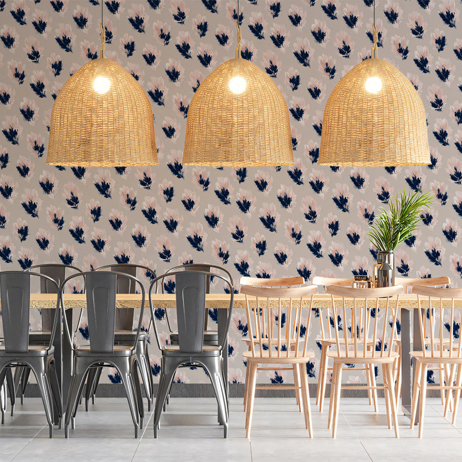 Abstract Feather Mural Wallpaper — Soft Pink and Navy Pattern Mural Wallpaper