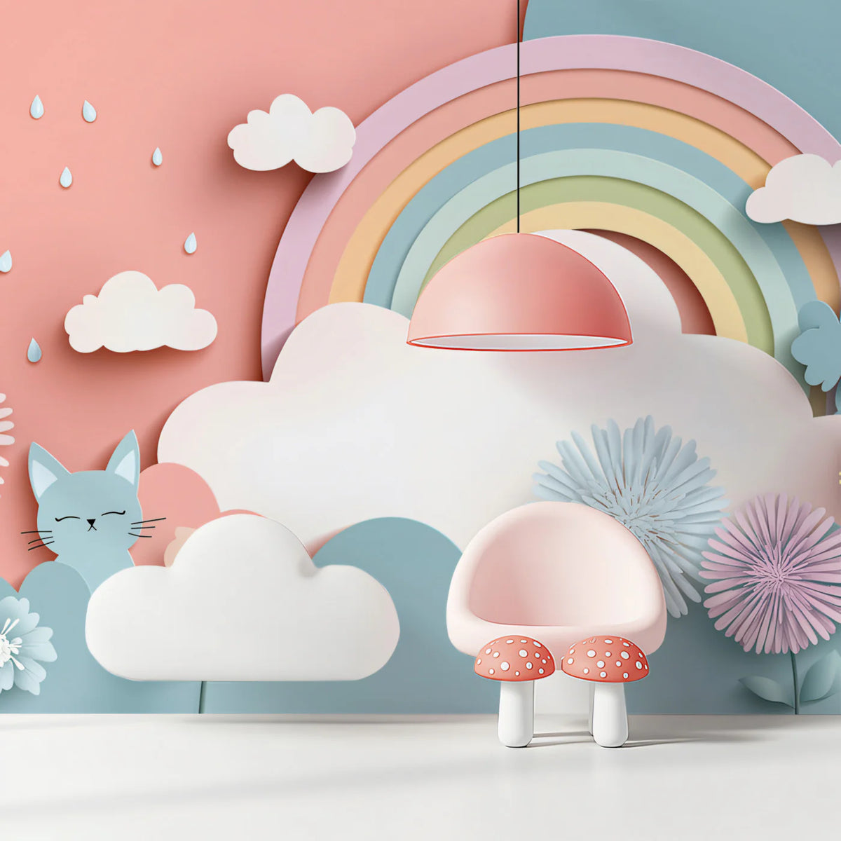 Paper-Cut Flower Rain Mural Wallpaper — Whimsical Pastel Scene Mural Wallpaper - pure wallpaper artwork