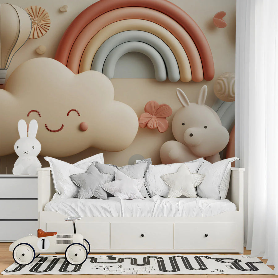 3D Pastel Cloud and Rainbow Mural Wallpaper — Whimsical Decor Mural Wallpaper