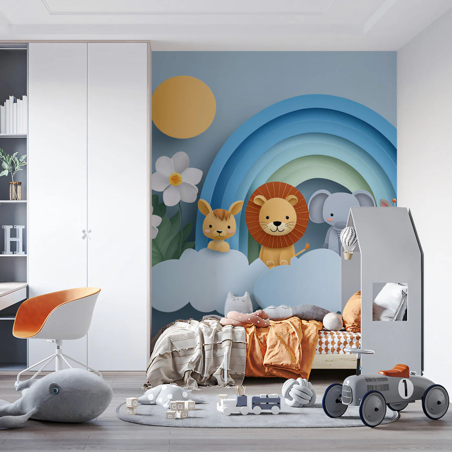 3D Safari Cloud Mural Wallpaper — Whimsical Paper Art Design Mural Wallpaper