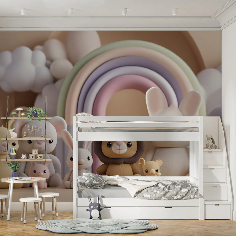 Knitted Plushie Animal Mural Wallpaper — Soft Pastel Rainbow Mural Wallpaper