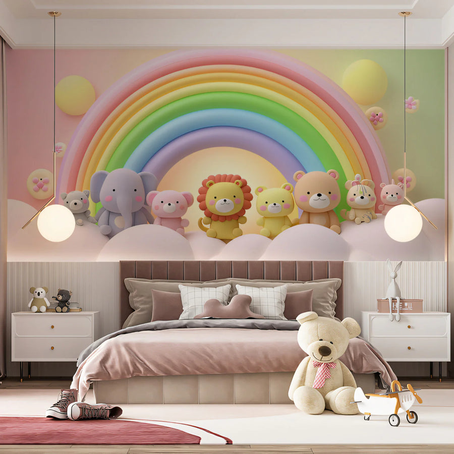 3D Plush Animal Rainbow Mural Wallpaper — Whimsical Kids Decor Mural Wallpaper