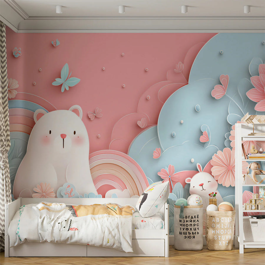 Paper-Cut Garden Bear and Bunny Mural — Whimsical Kids Wall Art Mural Wallpaper