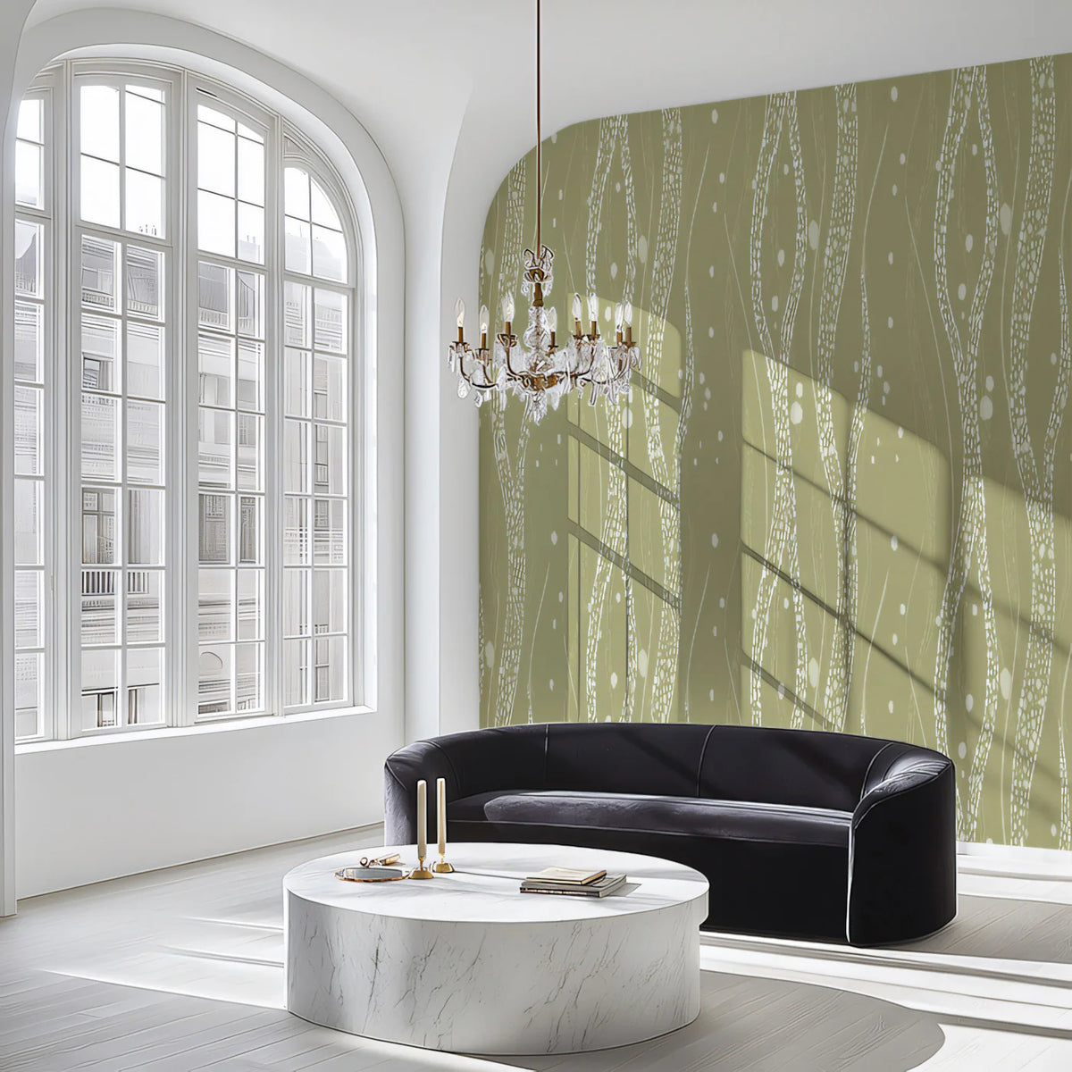 Olive Green Dotted Vine Mural Wallpaper — Organic Flowing Pattern Mural Wallpaper - pure wallpaper artwork