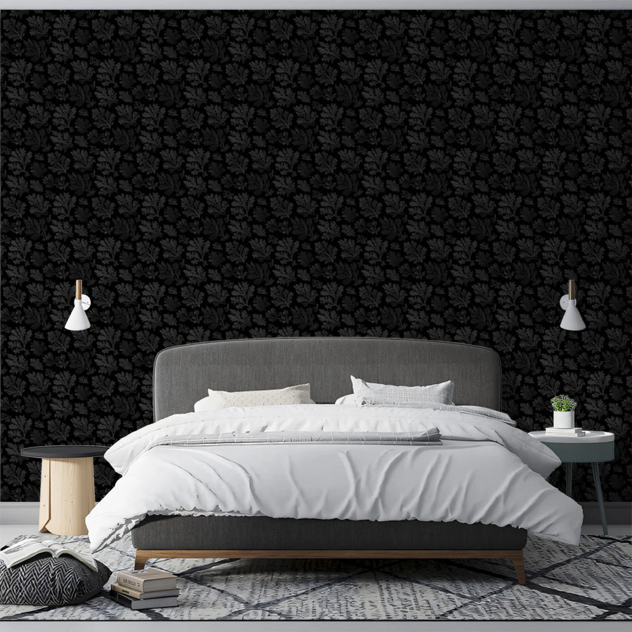 Micro Floral Damask Mural Wallpaper in Charcoal Black Mural Wallpaper