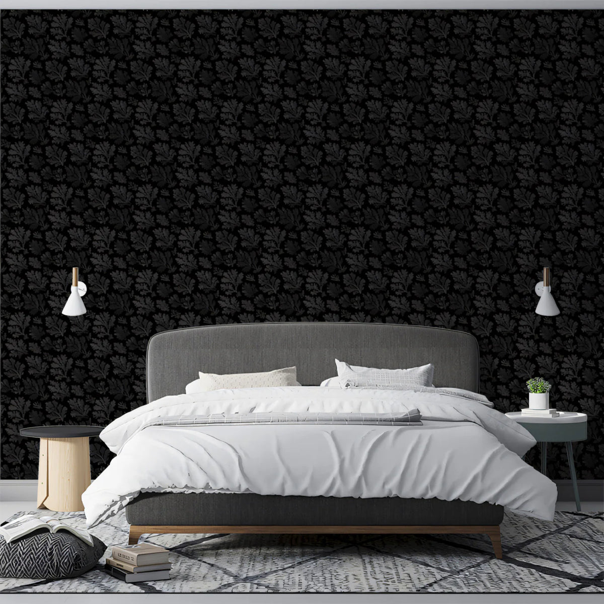 Micro Floral Damask Mural Wallpaper in Charcoal Black Mural Wallpaper - pure wallpaper artwork