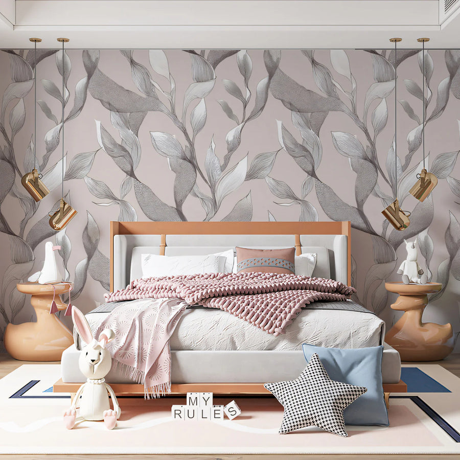 Stippled Botanical Mural Wallpaper — Soft Taupe and Charcoal Mural Wallpaper