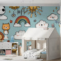 Doodle Animal Friends Mural Wallpaper — Whimsical Sky Blue Design Mural Wallpaper - pure wallpaper artwork