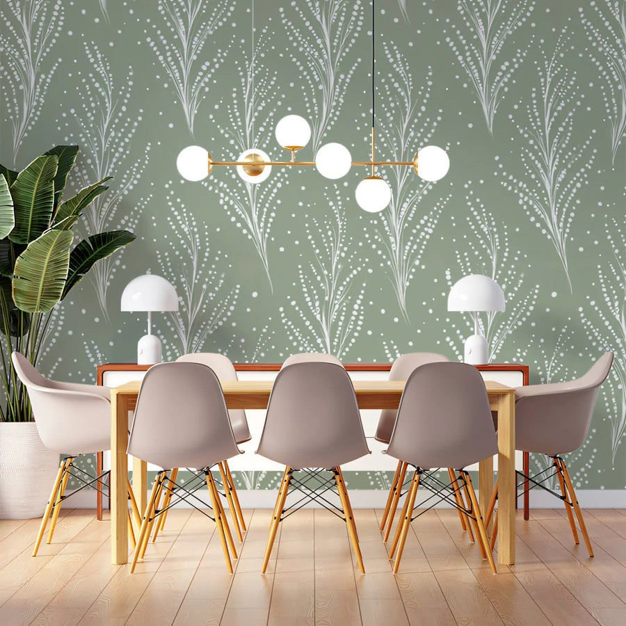 Dotted Fern Frond Mural Wallpaper — Sage Minimalist Botanical Mural Wallpaper