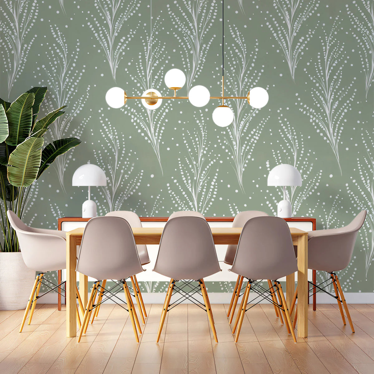 Dotted Fern Frond Mural Wallpaper — Sage Minimalist Botanical Mural Wallpaper - pure wallpaper artwork
