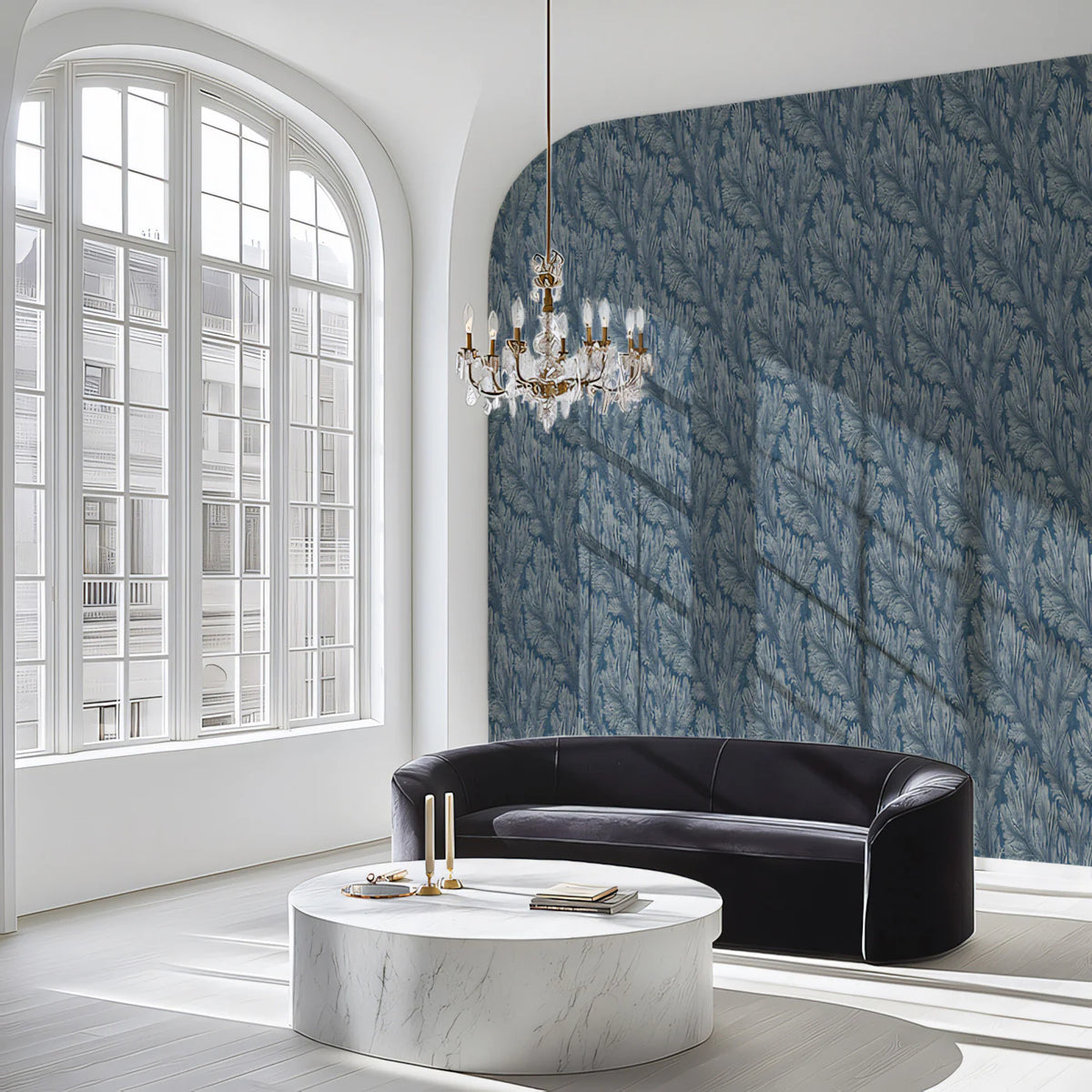 Diagonal Fern Frond Mural Wallpaper — Dusty Blue Botanical Mural Wallpaper - pure wallpaper artwork