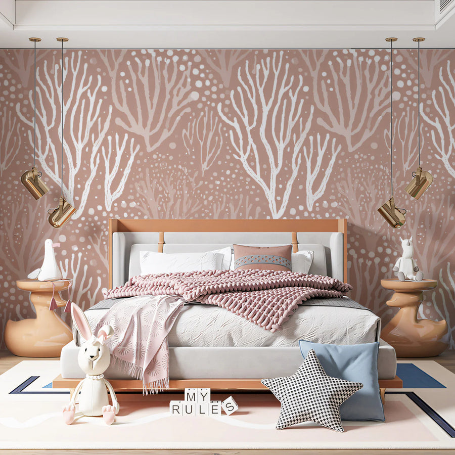 Coastal Coral Mural Wallpaper — Soft Dusty Rose Organic Pattern Mural Wallpaper