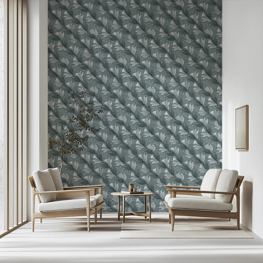 Diagonal Lily Floral Mural Wallpaper — Muted Teal and Gray Mural Wallpaper