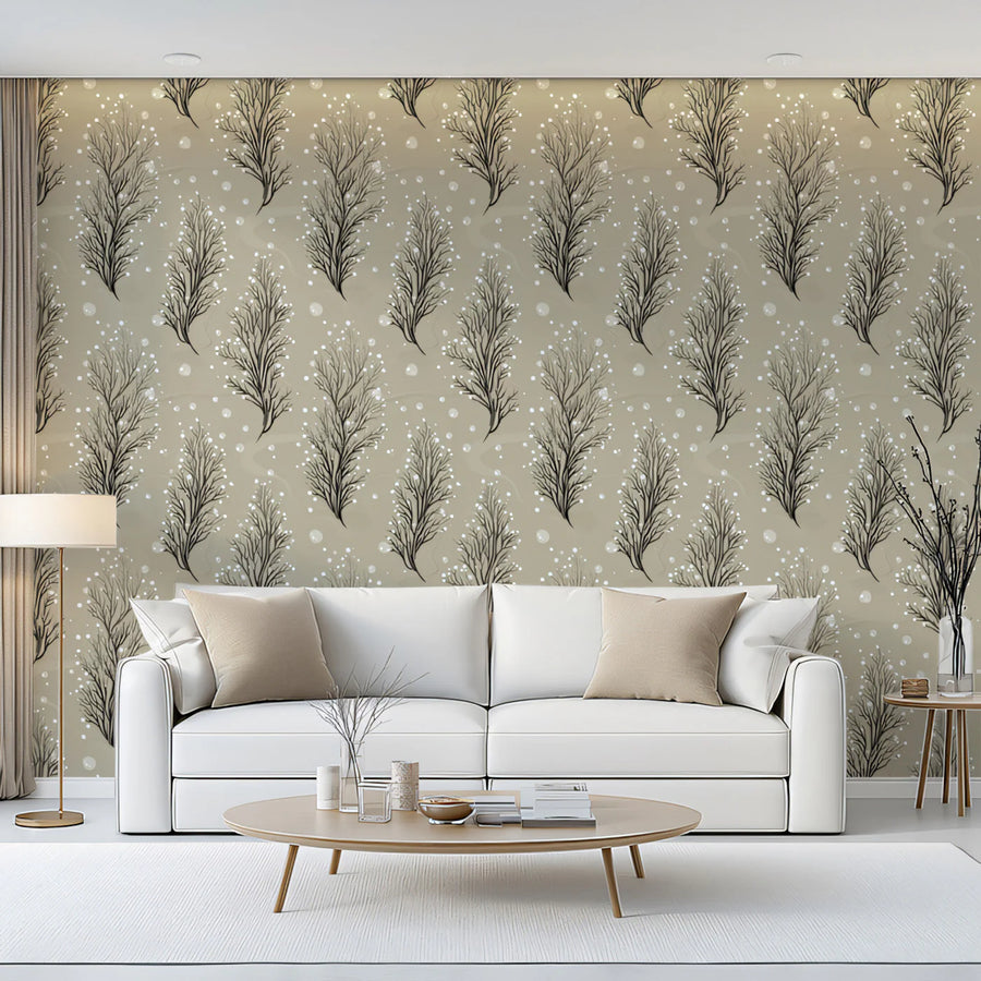 Winter Sprig Mural Wallpaper — Calm Neutral Botanical Mural Wallpaper
