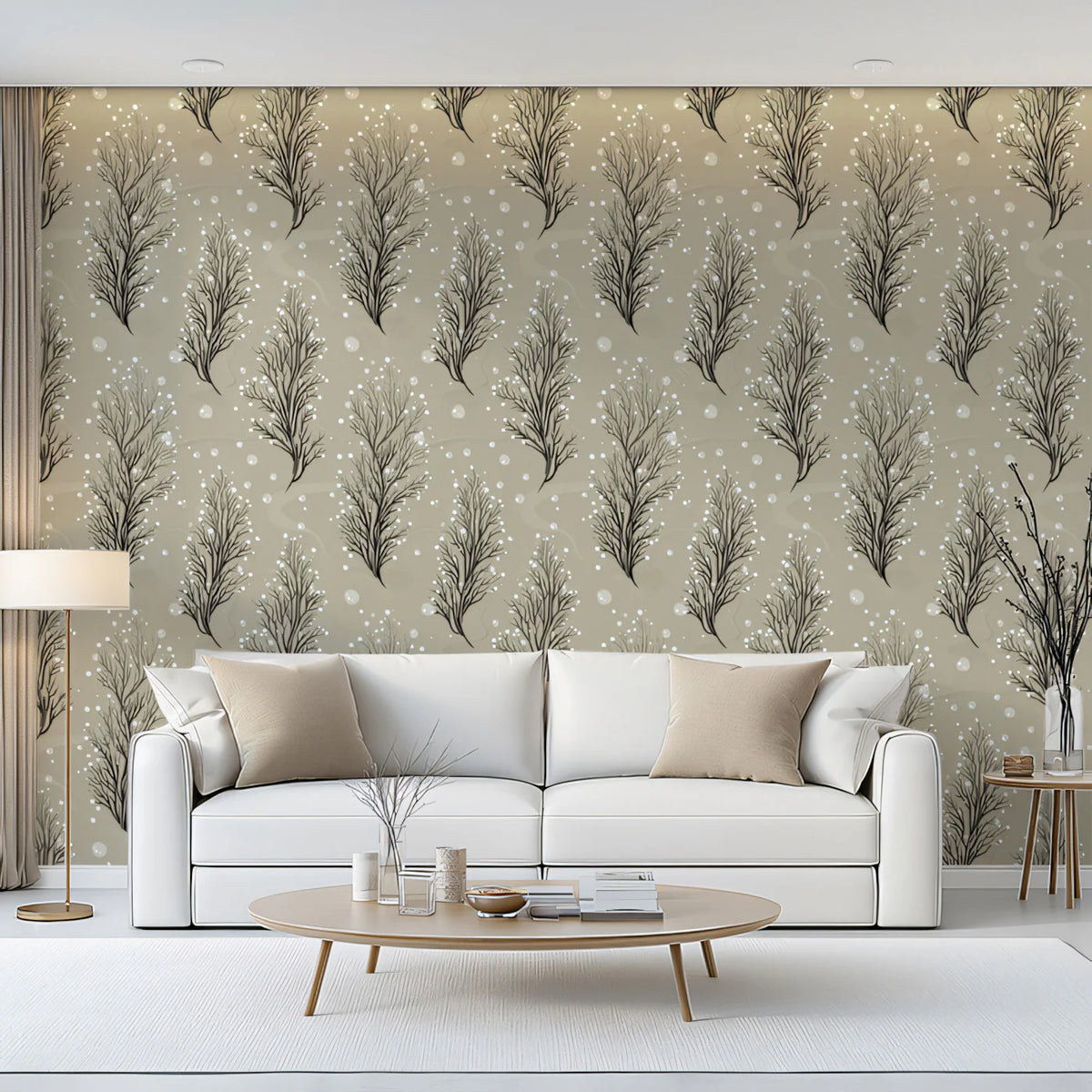Winter Sprig Mural Wallpaper — Calm Neutral Botanical Mural Wallpaper - pure wallpaper artwork