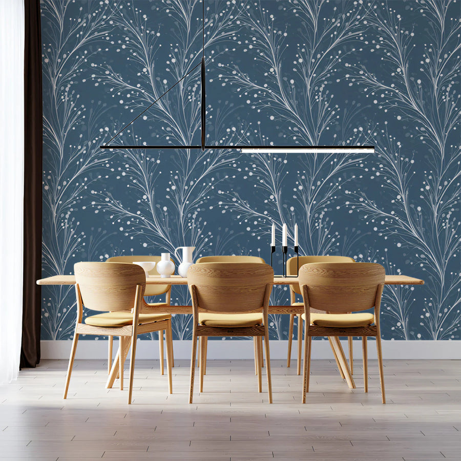 Winter Frost Botanical Mural Wallpaper — Blue and White Sprigs Mural Wallpaper