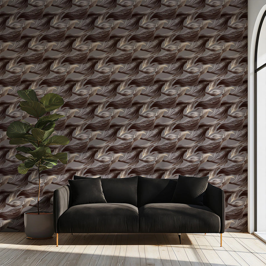 Micro Wavy Leaf Texture Wallpaper Dense Mocha & Taupe, Organic Weave Effect Mural Wallpaper