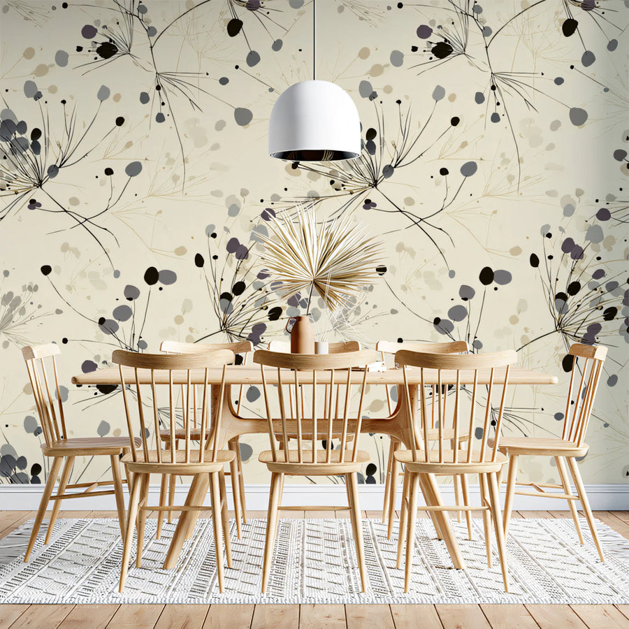 Abstract Dandelion Seed Mural Wallpaper — Modern Ink Sketch Mural Wallpaper