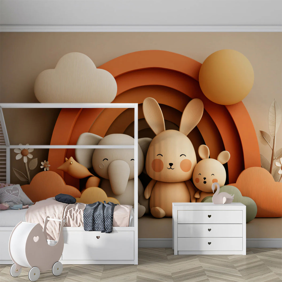 3D Boho Animal Friends Mural Wallpaper — Warm Terracotta Arch Mural Wallpaper - pure wallpaper artwork
