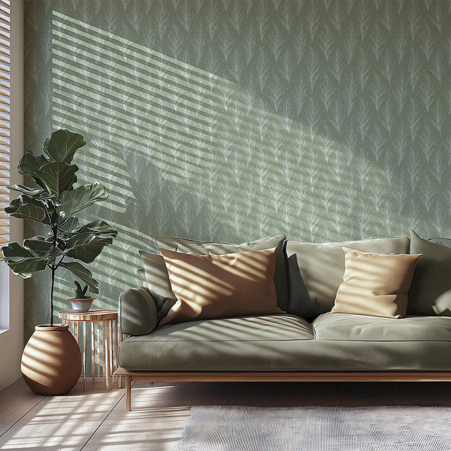 Feathered Leaf Mural Wallpaper — Muted Sage Green Botanical Mural Wallpaper