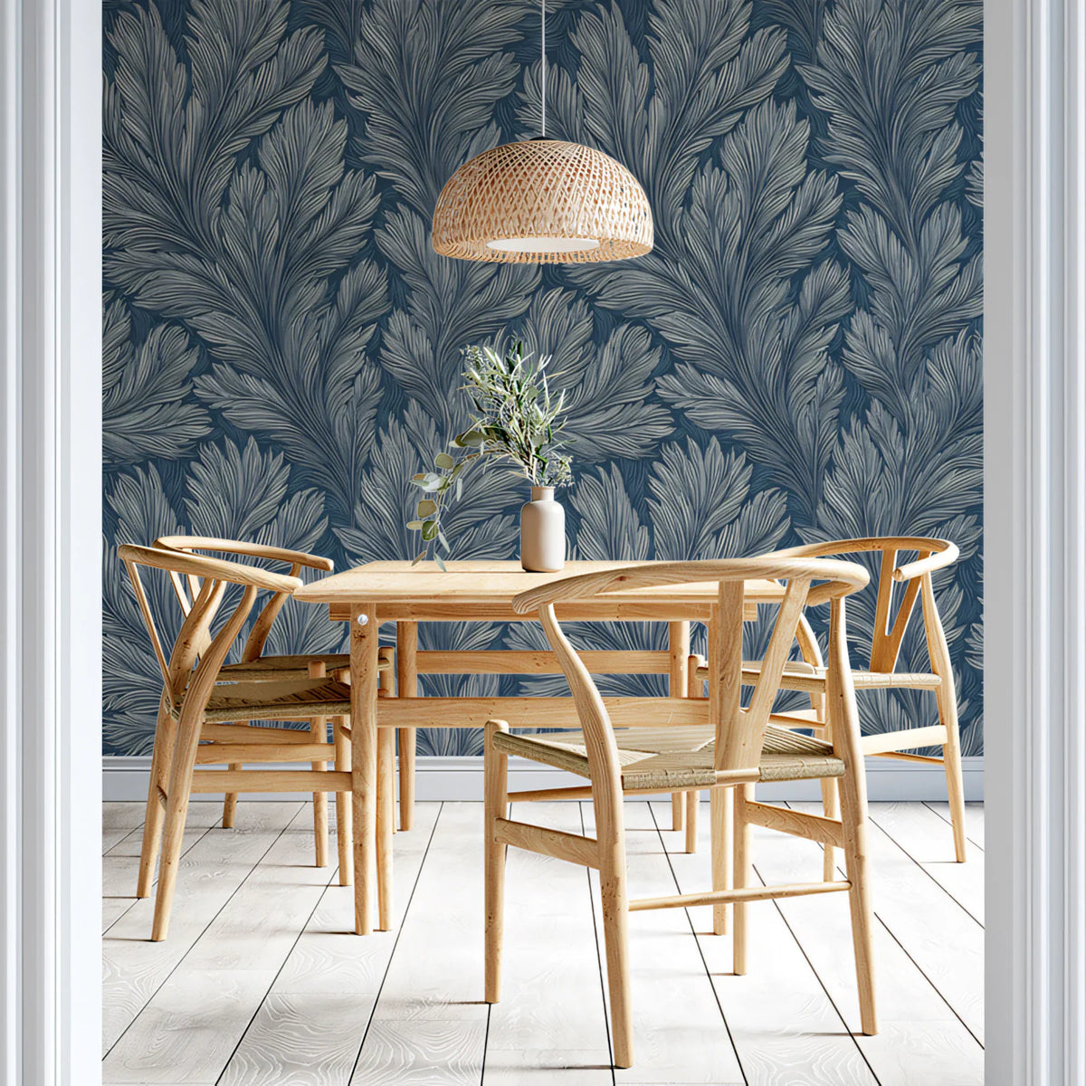 Indigo Fern Frond Mural Wallpaper — Moody Botanical Print Mural Wallpaper - pure wallpaper artwork