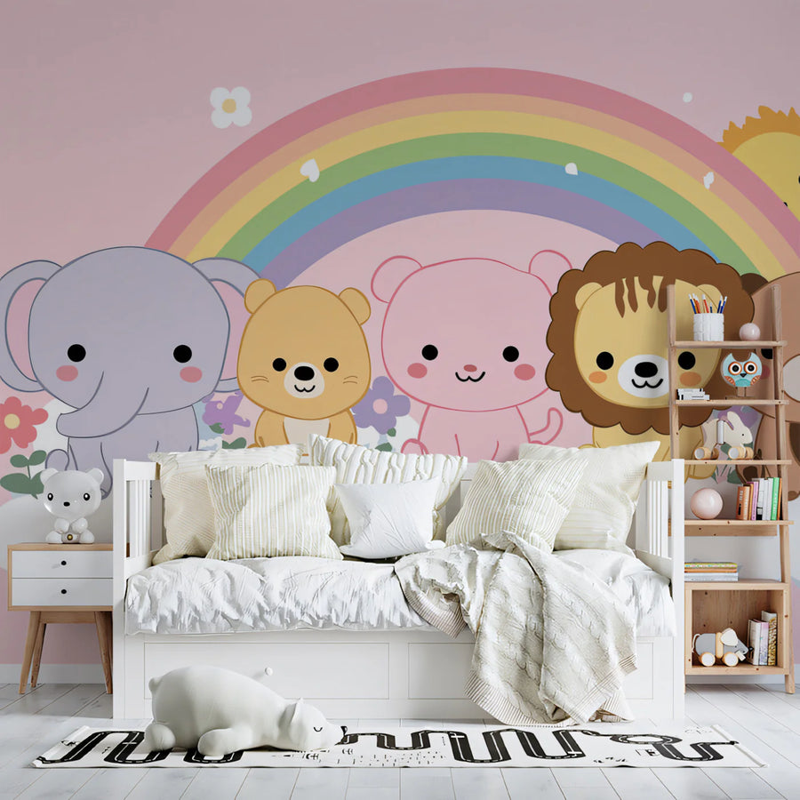 Kawaii Animal Rainbow Mural Wallpaper — Whimsical Playful Design Mural Wallpaper