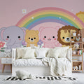 Kawaii Animal Rainbow Mural Wallpaper — Whimsical Playful Design Mural Wallpaper - pure wallpaper artwork