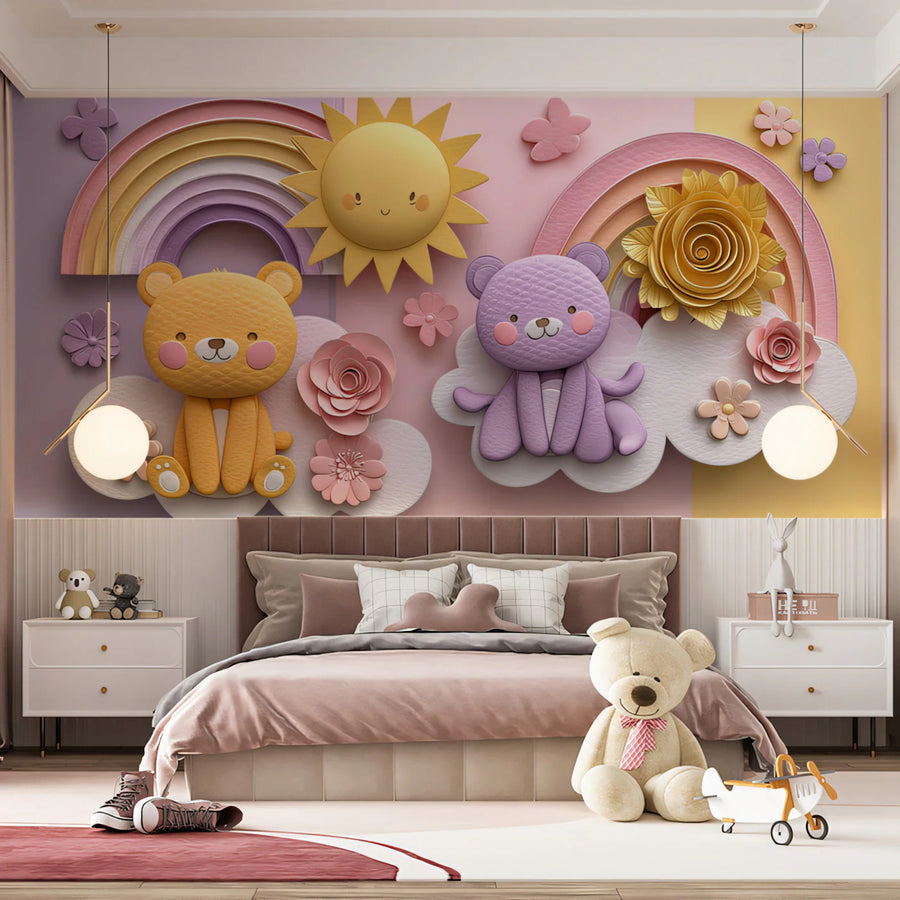Teddy Bear and Rainbow Mural Wallpaper — Whimsical Pastel Art Mural Wallpaper