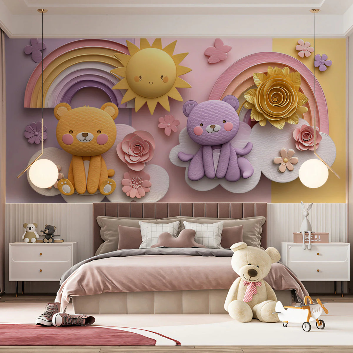Teddy Bear and Rainbow Mural Wallpaper — Whimsical Pastel Art Mural Wallpaper - pure wallpaper artwork