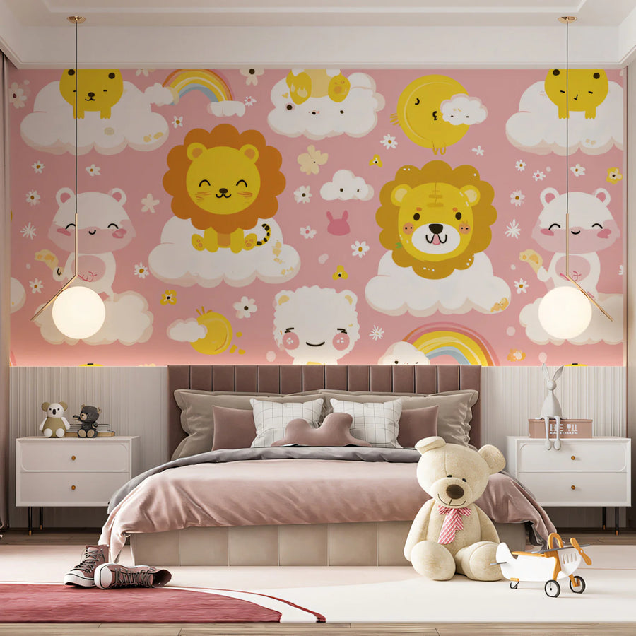 Safari Cloud Whimsical Mural Wallpaper — Pink and Yellow Kids Decor Mural Wallpaper