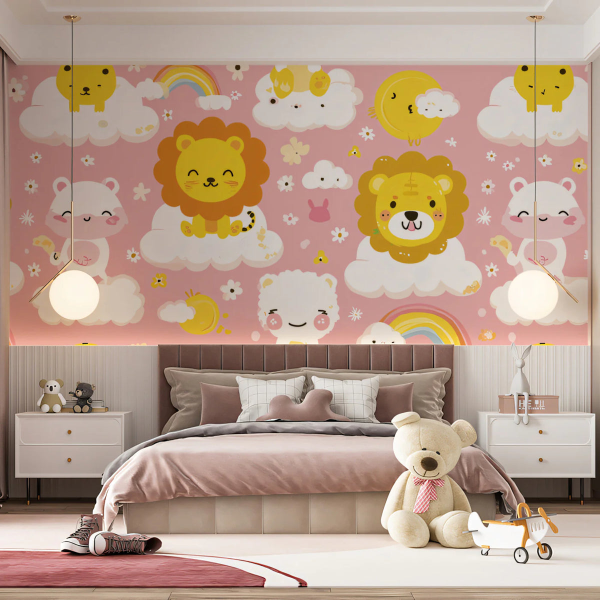 Safari Cloud Whimsical Mural Wallpaper — Pink and Yellow Kids Decor Mural Wallpaper - pure wallpaper artwork