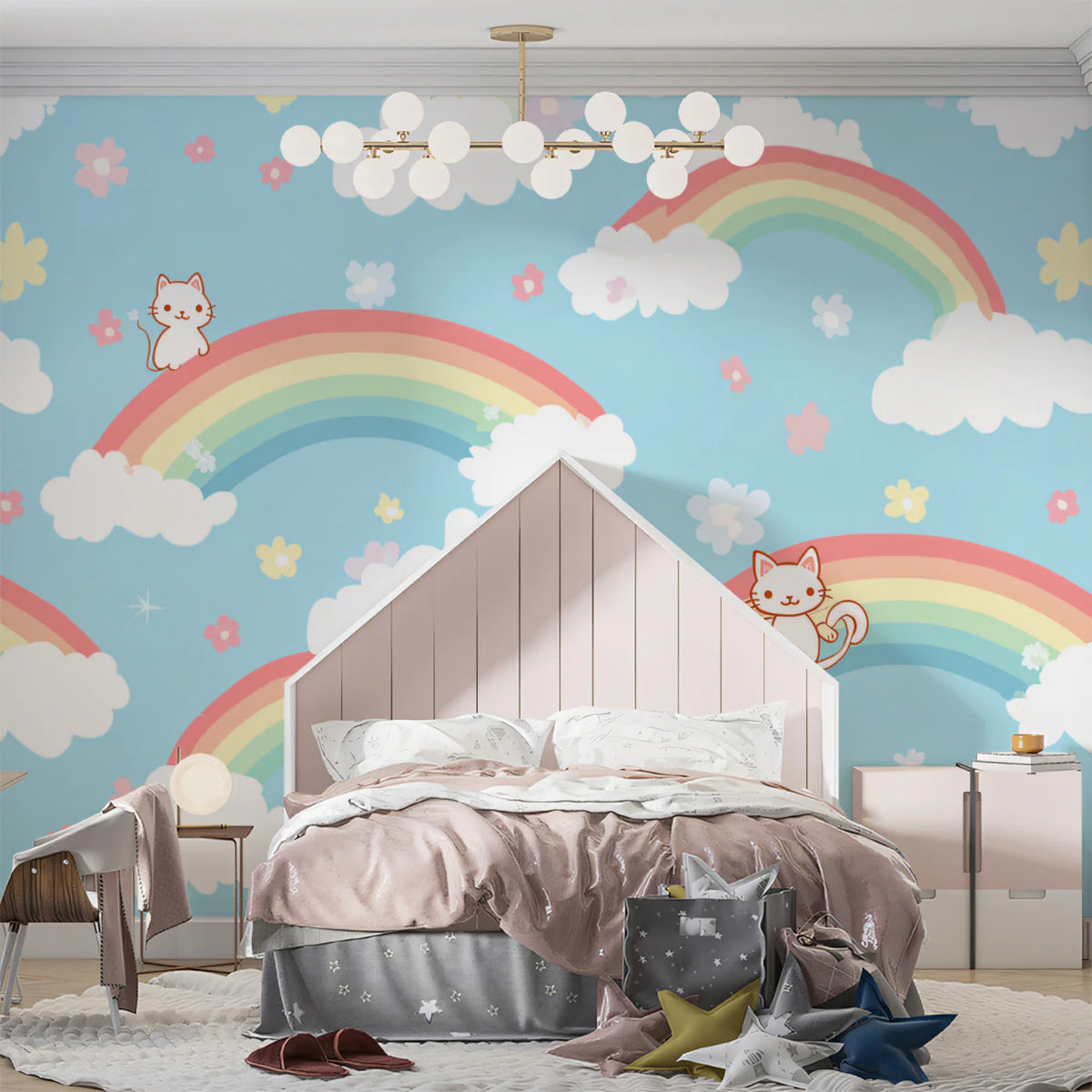 Kawaii Kitten and Rainbow Cloud Mural Wallpaper — Whimsical Decor Mural Wallpaper - pure wallpaper artwork