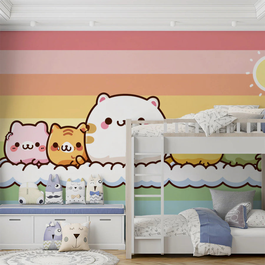 Kawaii Cat Rainbow Cloud Mural Wallpaper — Whimsical Pastel Design Mural Wallpaper