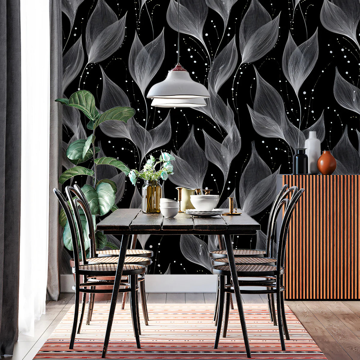 Monochrome Sheer Botanical Mural Wallpaper — Elegant Floral Flow Mural Wallpaper - pure wallpaper artwork