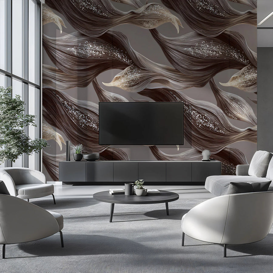 Wavy Leaf Botanical Mural Wallpaper — Mocha and Glimmering Gold Mural Wallpaper