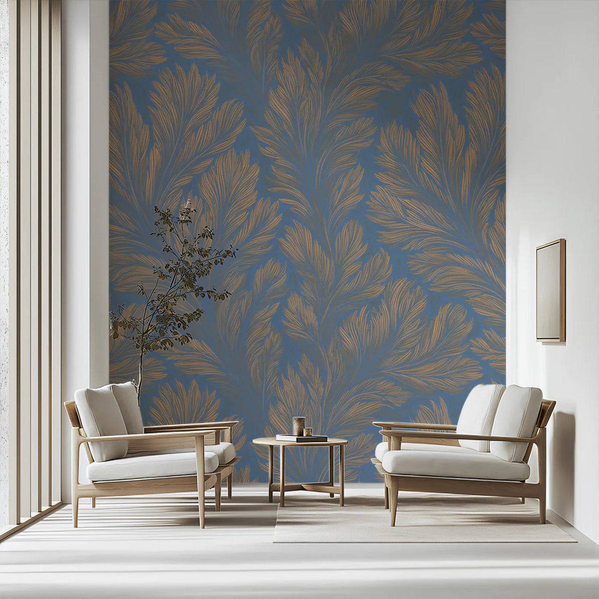 Feathered Leaf Mural Wallpaper — Dusty Blue and Ochre Gold Mural Wallpaper - pure wallpaper artwork
