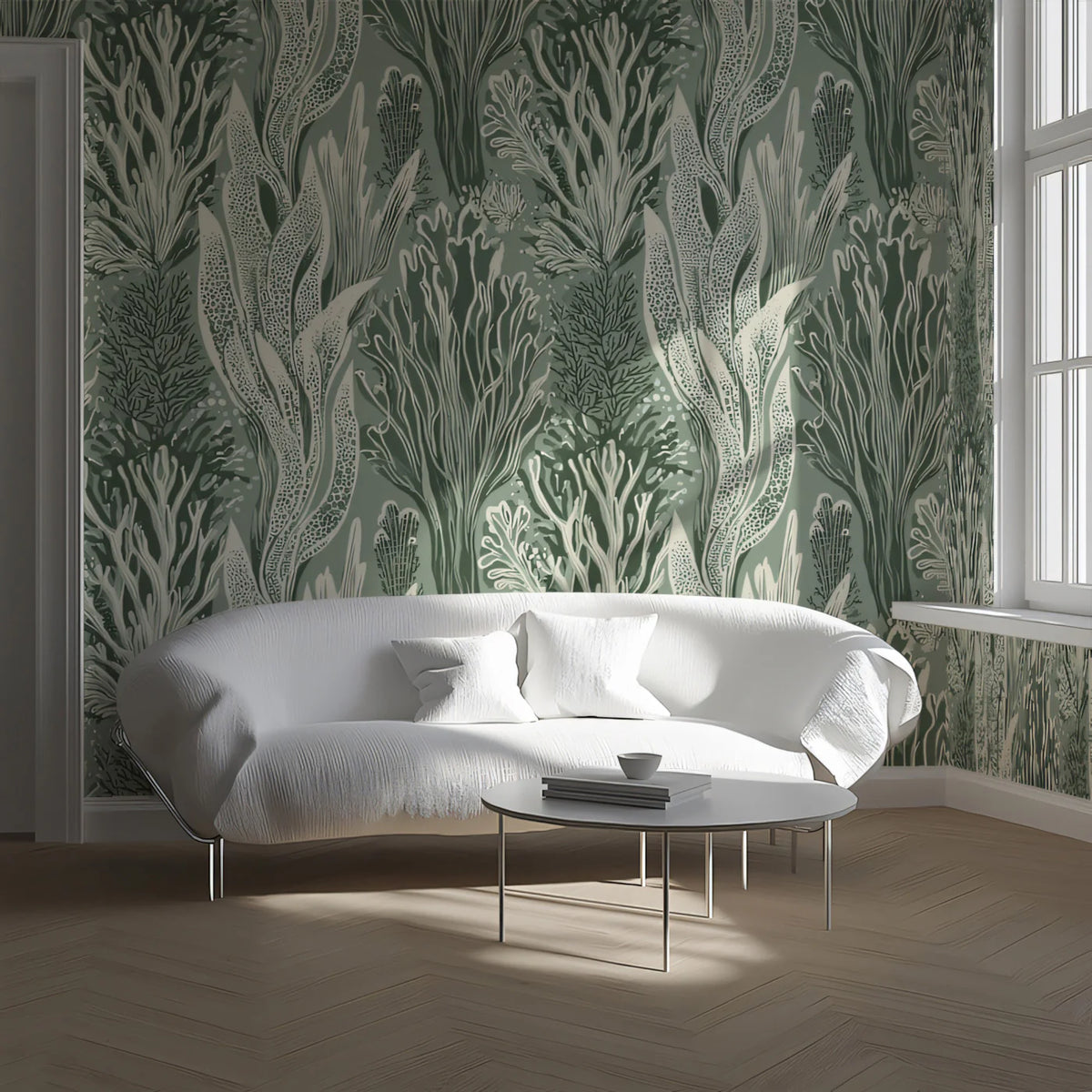 Abstract Seaweed Mural Wallpaper — Sage and Cream Botanical Mural Wallpaper - pure wallpaper artwork