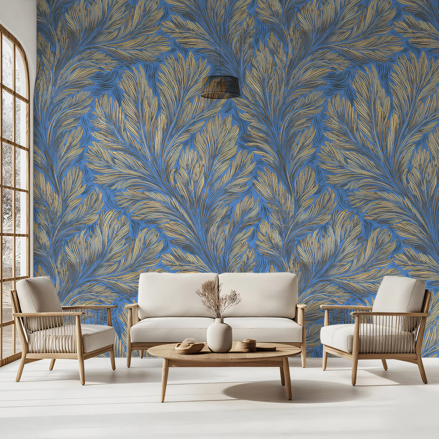 Feathered Leaf Mural Wallpaper — Elegant Painterly Blue and Gold Mural Wallpaper