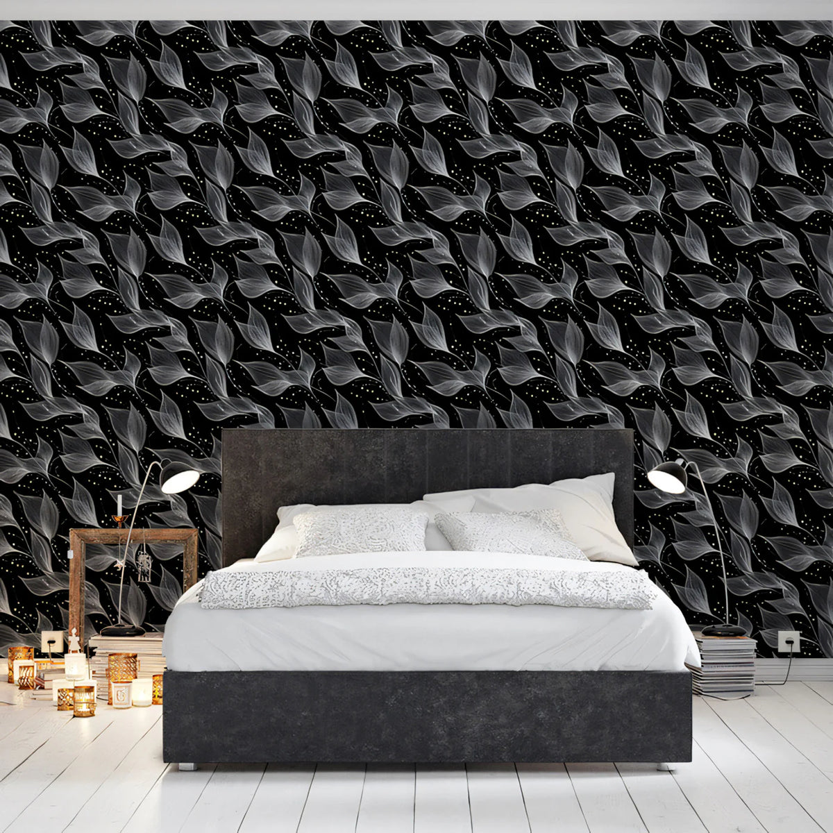 Sheer Leaf Diagonal Mural Wallpaper — Monochrome Botanical Art Mural Wallpaper - pure wallpaper artwork