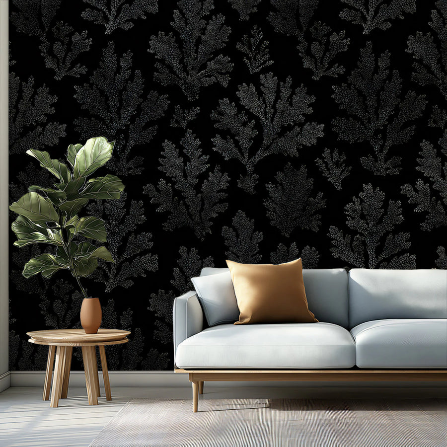 Stippled Coral Damask Mural Wallpaper — Gothic Black and Charcoal Mural Wallpaper