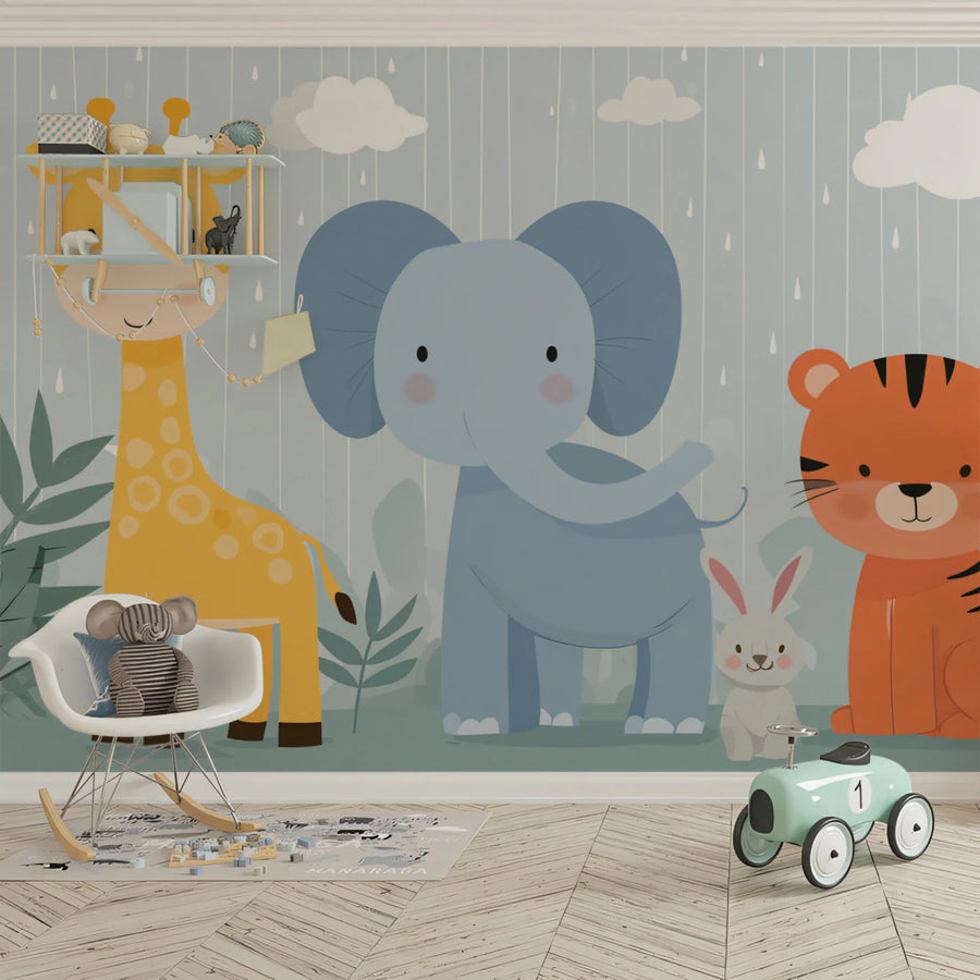 Safari Friends in the Rain Mural Wallpaper — Cute Cartoon Design Mural Wallpaper