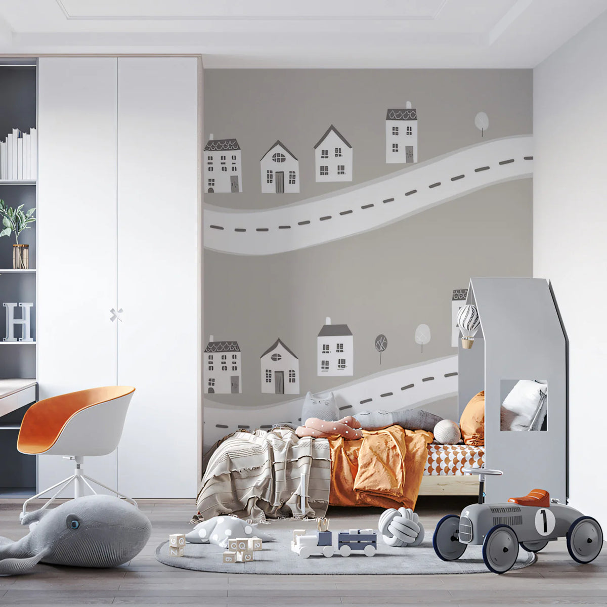 Roadside Village Mural Wallpaper — Minimalist Scandi Line Art Mural Wallpaper - pure wallpaper artwork