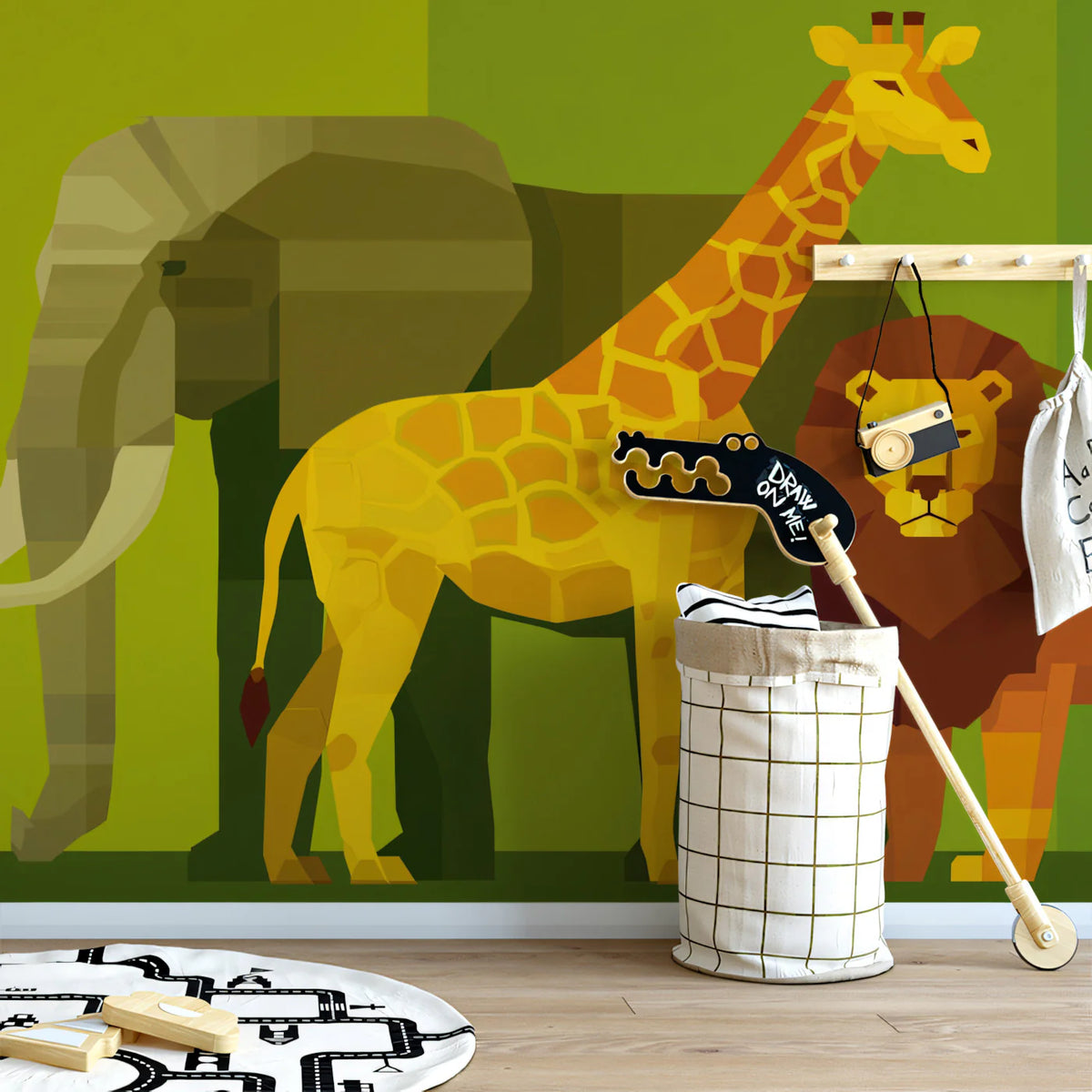 Geometric Safari Animal Group Mural Flat Art, Layered Background, Warm Earth Tones Mural Wallpaper - pure wallpaper artwork