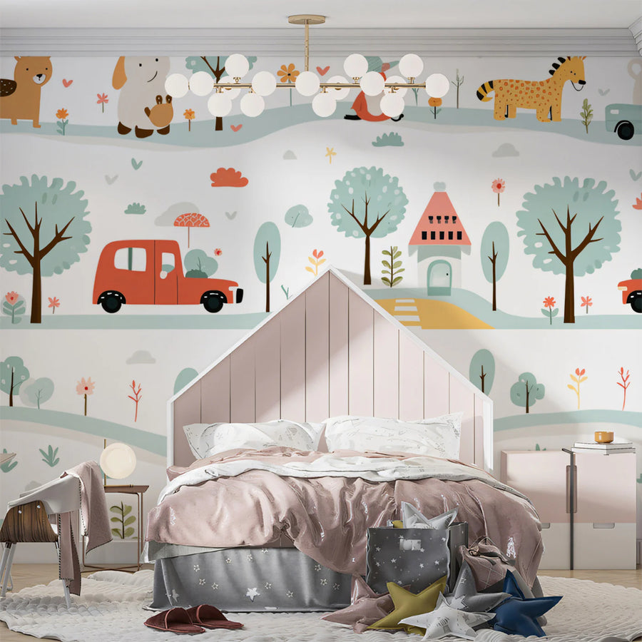 Folk Art Animal Village Mural Wallpaper — Whimsical Painted Scene Mural Wallpaper