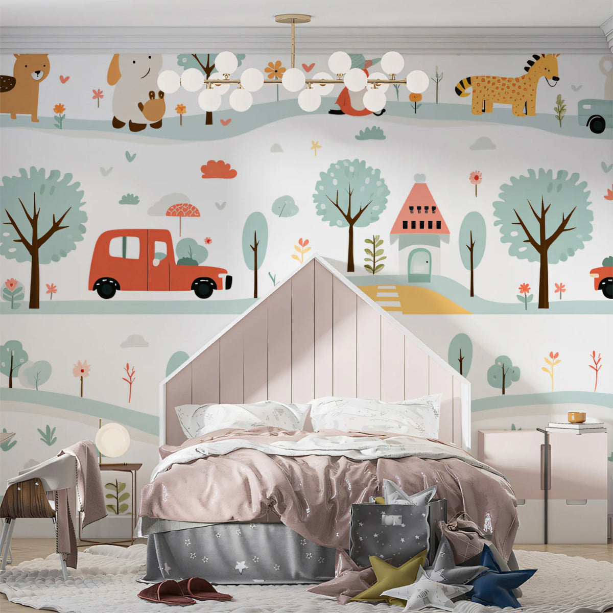 Folk Art Animal Village Mural Wallpaper — Whimsical Painted Scene Mural Wallpaper - pure wallpaper artwork