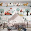 Folk Art Animal Village Mural Wallpaper — Whimsical Painted Scene Mural Wallpaper - pure wallpaper artwork