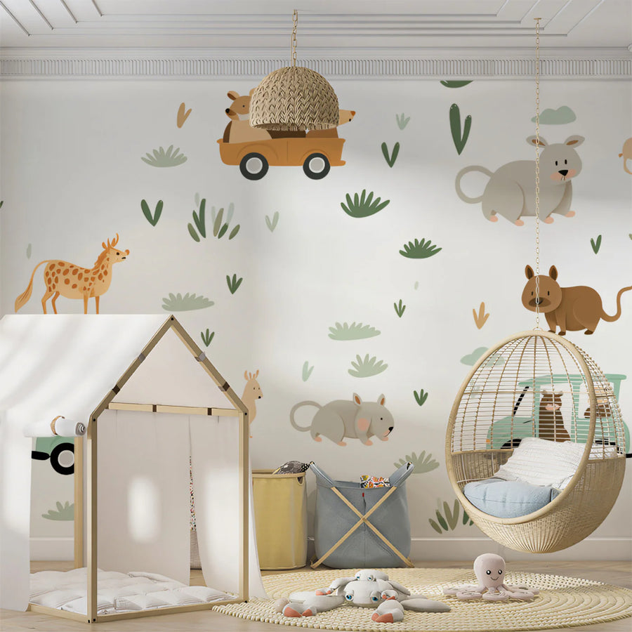 Safari Road Trip Mural Wallpaper — Whimsical Animal Pattern Mural Wallpaper