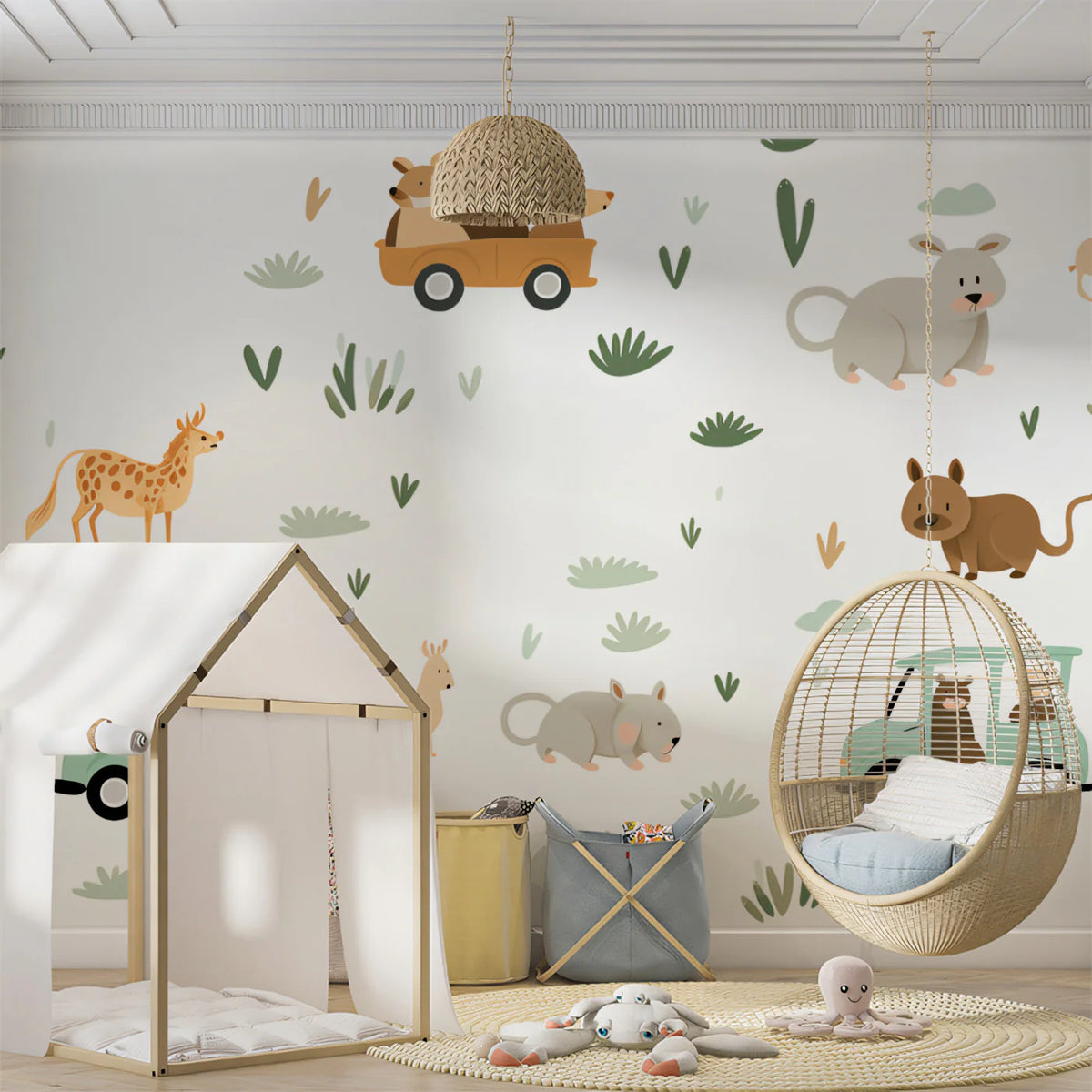Safari Road Trip Mural Wallpaper — Whimsical Animal Pattern Mural Wallpaper - pure wallpaper artwork